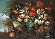 Stilleben med blommor och pafagel Andrea Boscoli